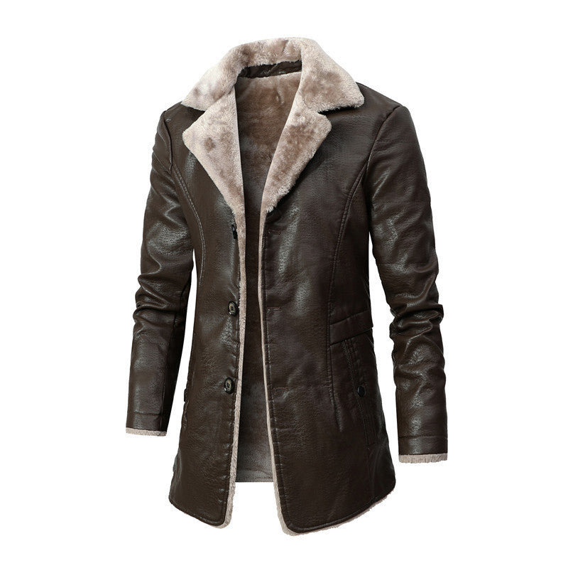 Plush Lapel Leather Jacket Winter Warm Fleece Single-breasted Coat For Men Long Clothing